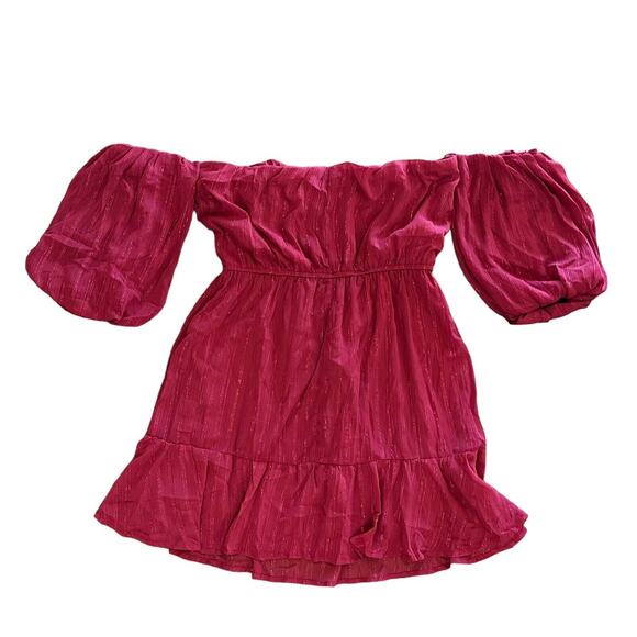 NWT Francesca’s Off The Shoulder Red Wine Shimmer Mini Ruffle Dress Size Medium - Picture 4 of 16